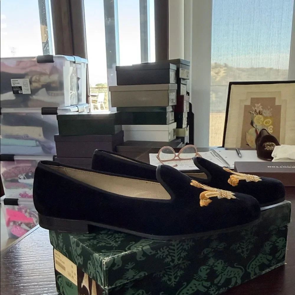 Stubbs & Wootton Black Velvet Loafers with Gold Fleur-de-Lis
